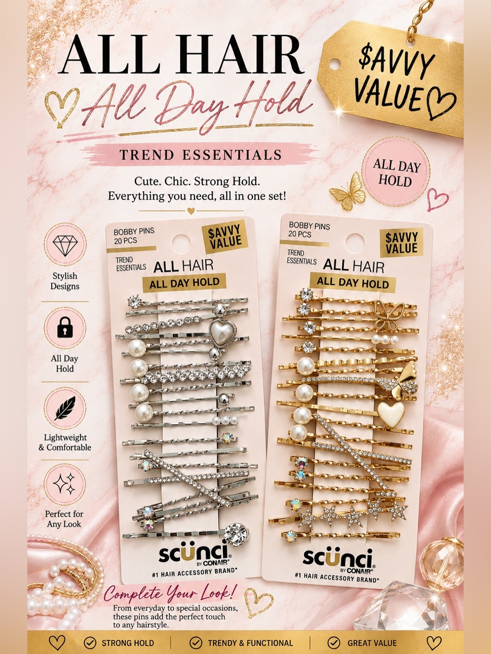 Scunci All Hair All Day Hold Decorative Hair Pins 40 ct-Gold & Silver $22 retail